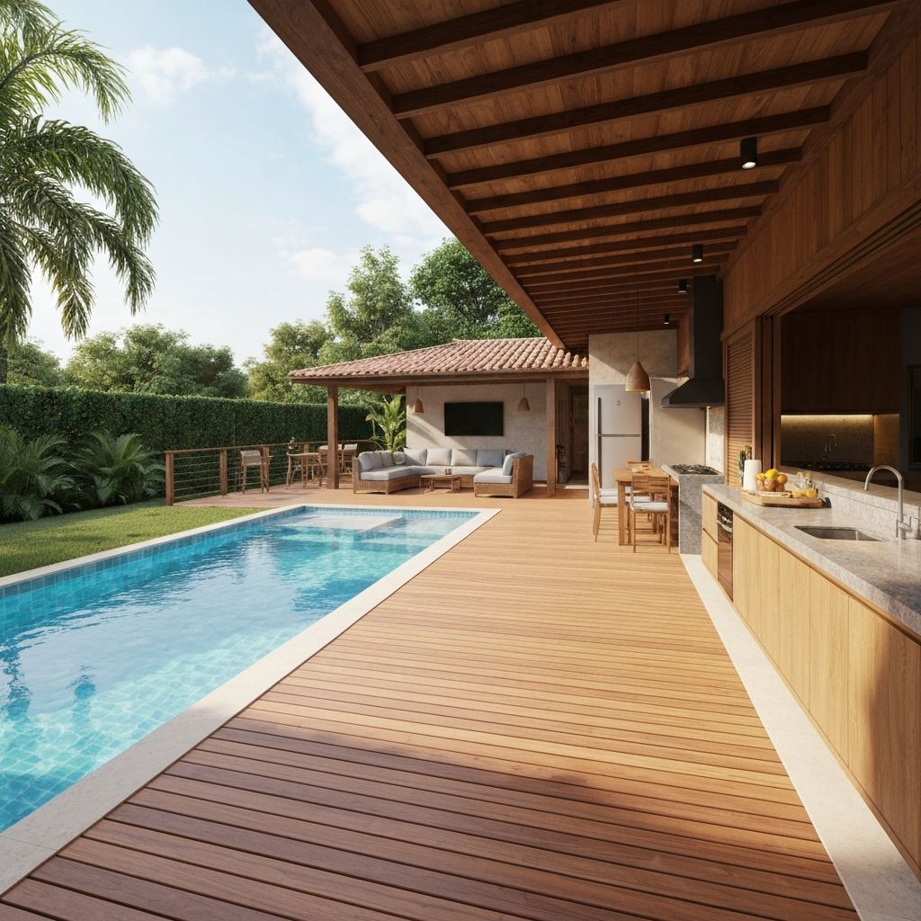Chácara brasileira com piscina, espaço gourmet e deck