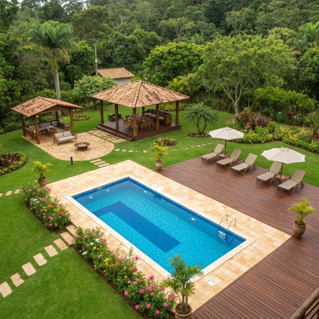 Chácara brasileira com jardim, piscina e área de lazer